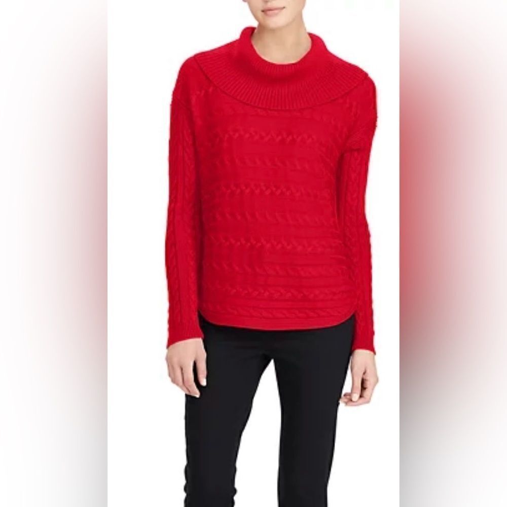 Lauren Ralph Lauren Cable-Knit Funnelneck Pullover Sweater In Lipstick‎ Red Sz L